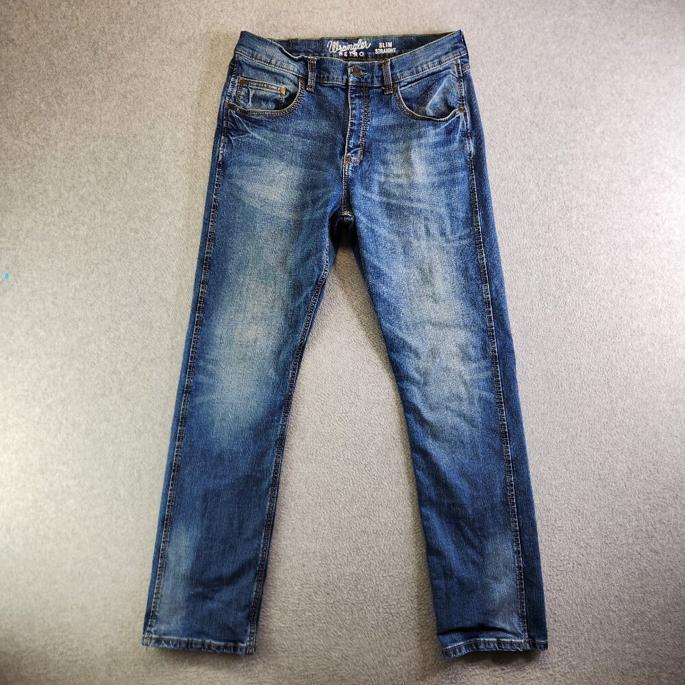 Wrangler Jeans Mens 34x34 Blue Retro Slim Straight Distressed Western Cowboy